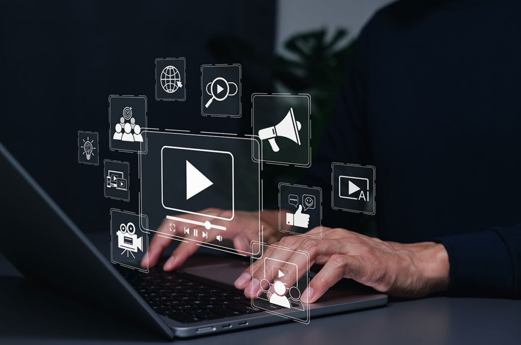 marketing media story telling transparent icons overlaying on business man working on laptop